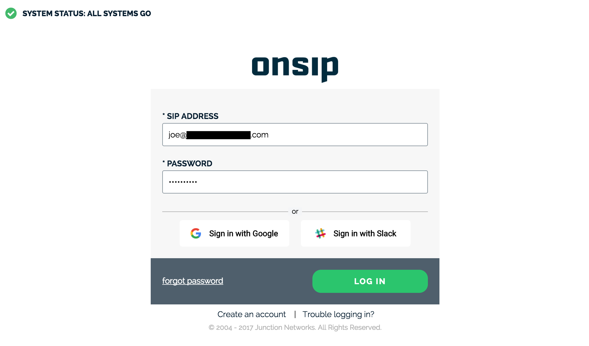 OnSIP desktop softphone app login page