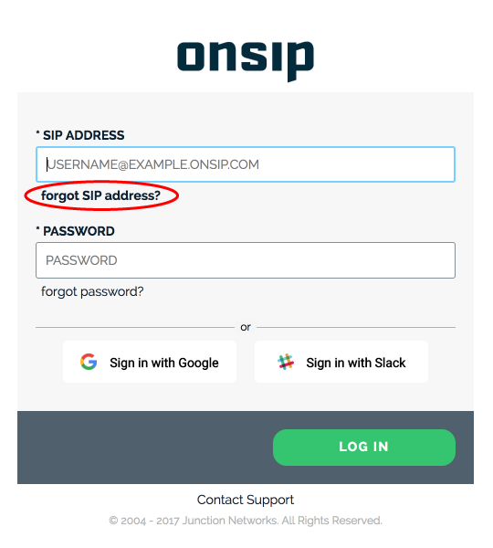 OnSIP app login page - forgot SIP address