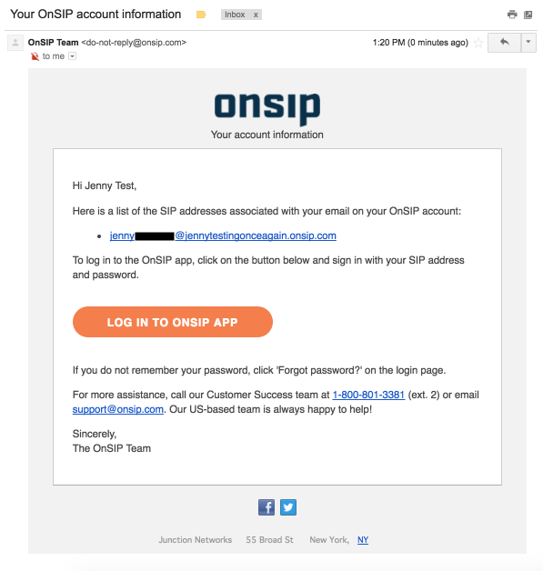 Sample forgot SIP address recovery email from OnSIP