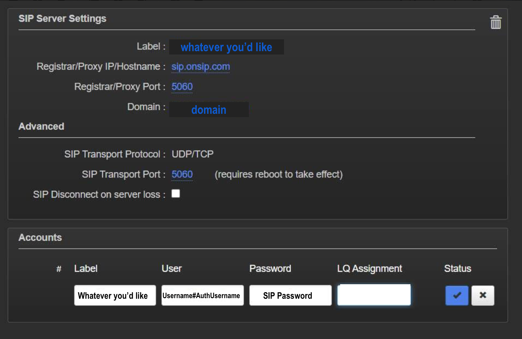 onsip username and domain