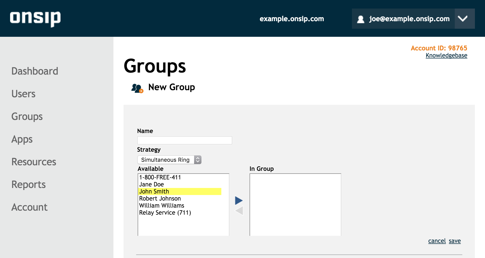 Screenshot of the Create New Group page in the OnSIP Admin Portal.