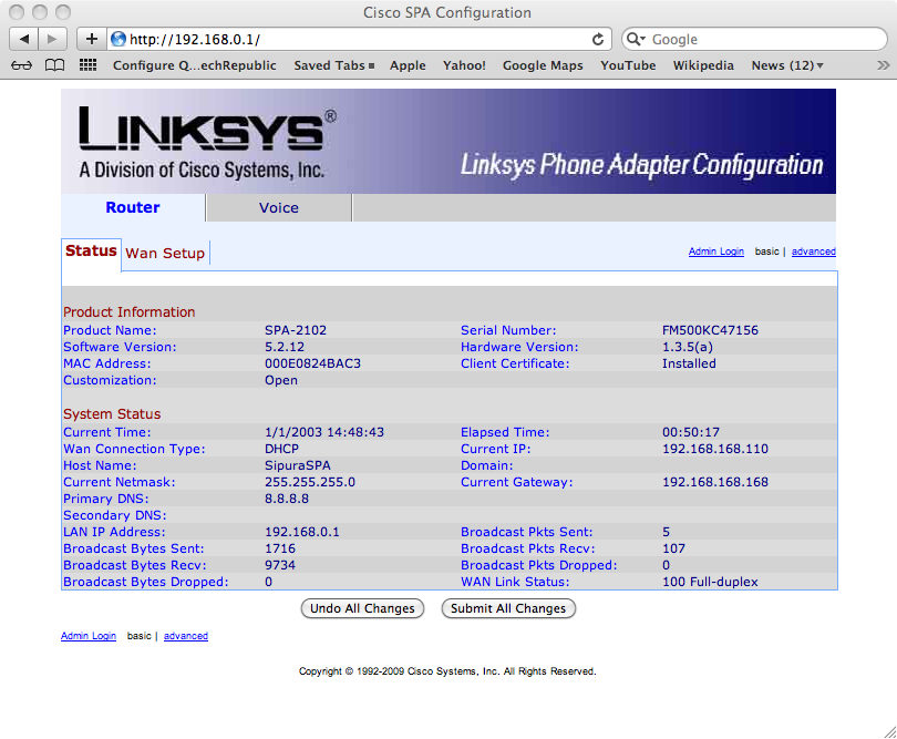 Linksys configuration page
